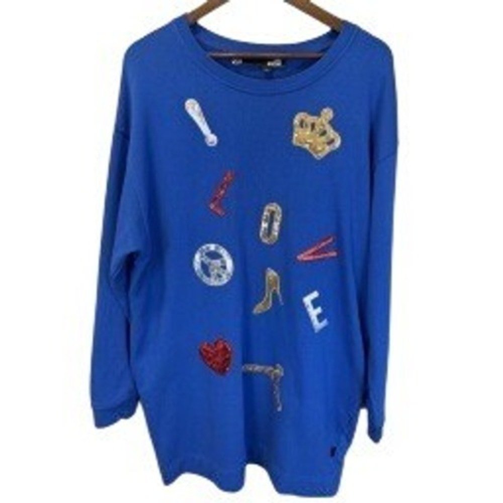 RARE Love Moschino Cobalt Blue Multi Sequined Patch Sweatshirt Mini Dress Size 8
